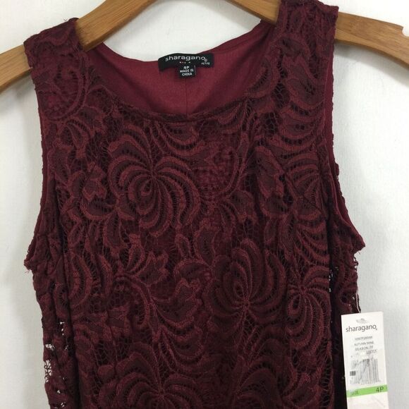 Sharagano Sleeveless Floral Lace Tie Waist Ribbon Sheath Dress Autumn Wine 4P - Picture 2 of 9